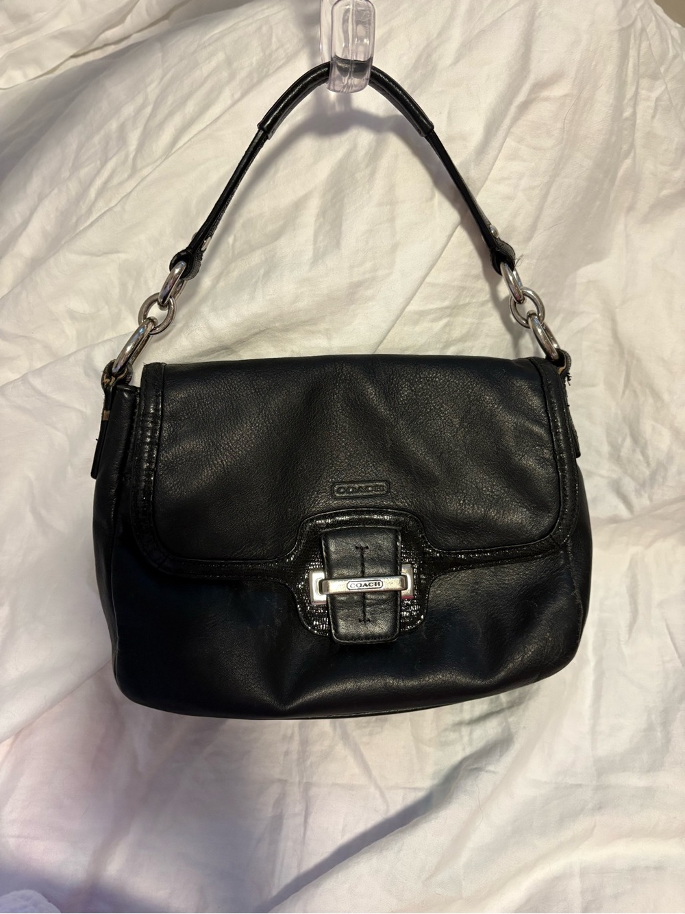 Y2K Coach Taylor Shoulder Bag, Black Leather & Snakskin Trim. Silver Hardware
